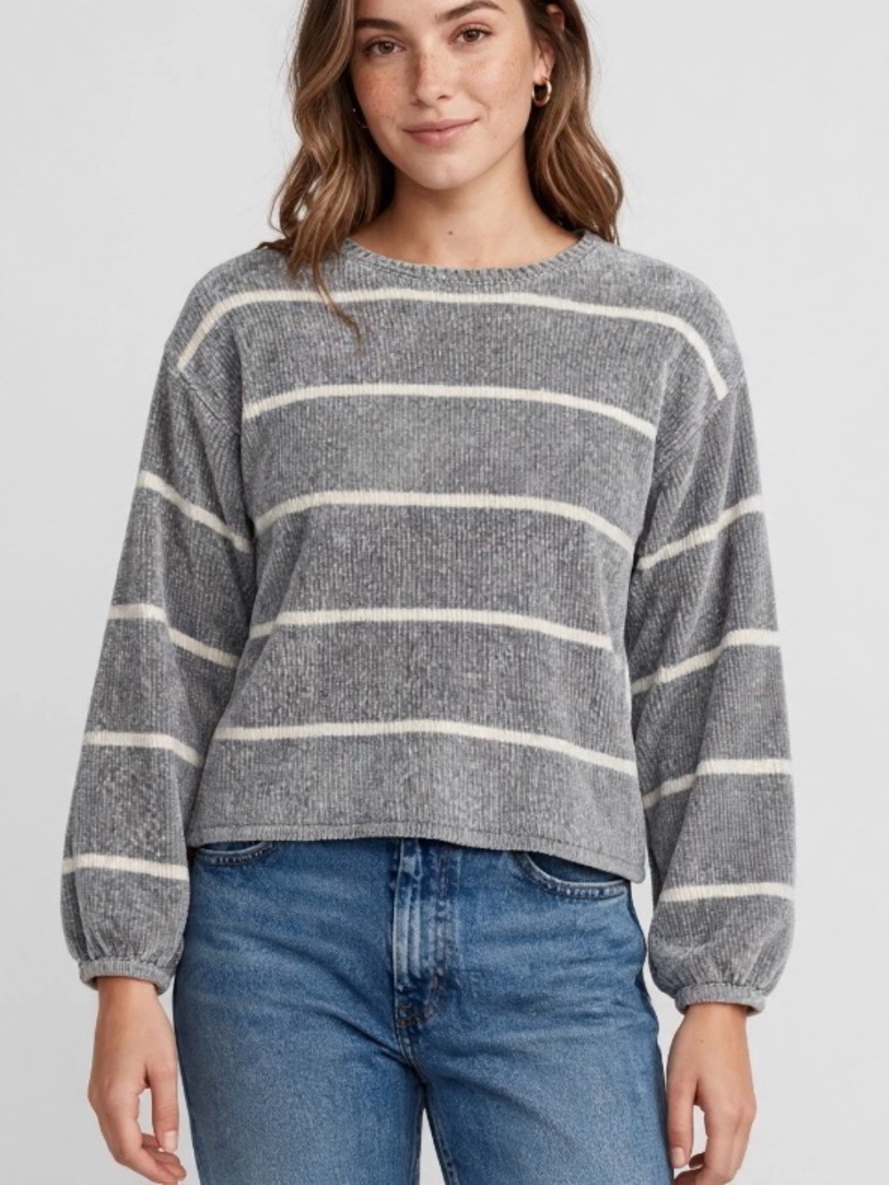 Cozy Stripe Crewneck Sweater - Gray & Cream